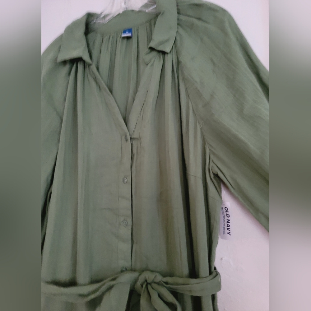New Old Navy Sage Green Belted Midi Shirt Dress Size XXL Long Sleeve Cotton - Picture 10 of 16